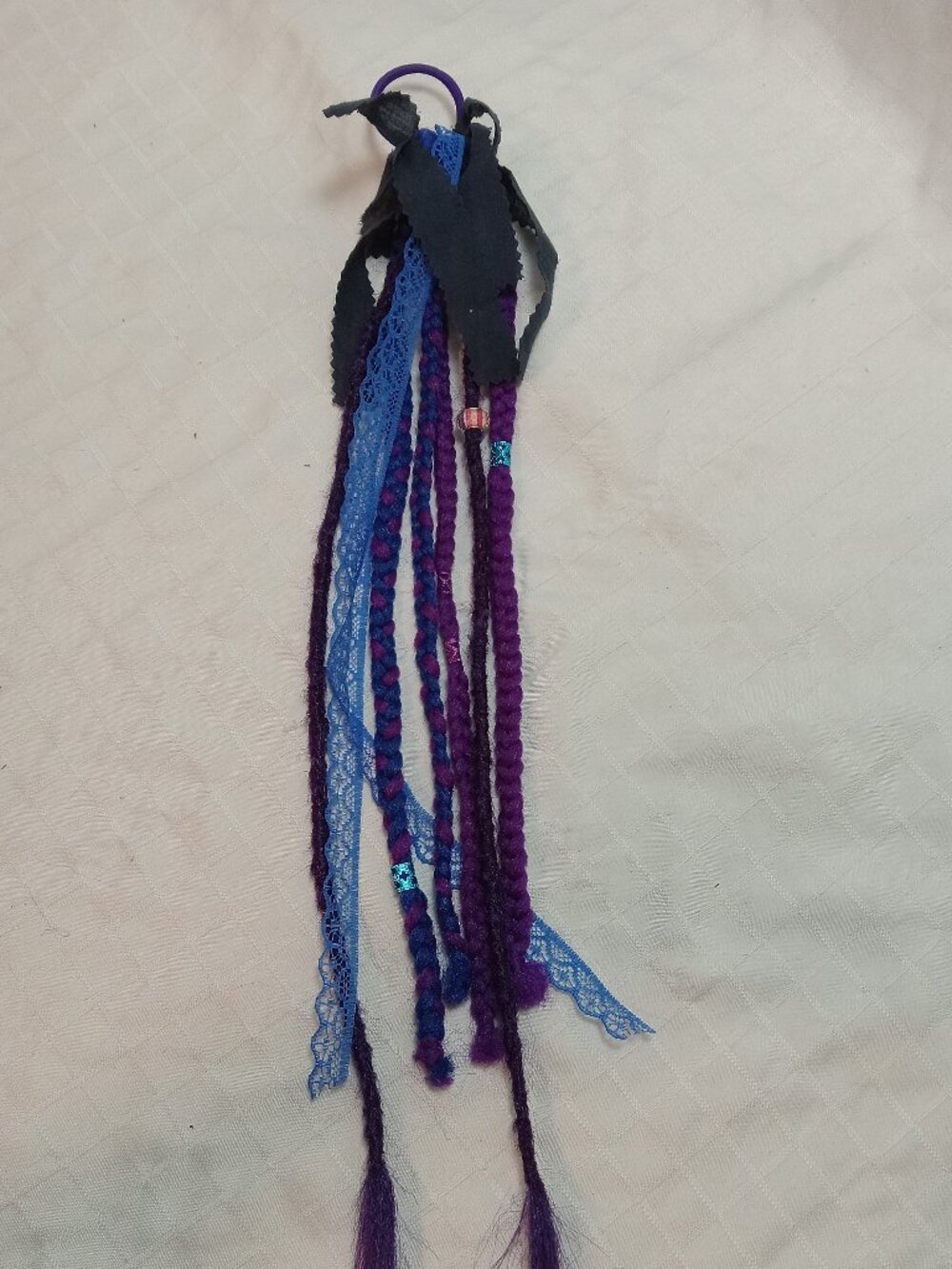 Handmade bohemian hair accessory with dreads, braids, lace ribbons & decorations